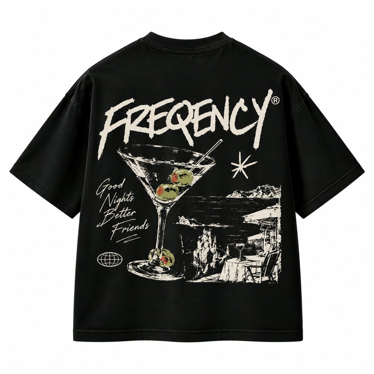Camiseta preta vista de costas com taça de martini, mesa à beira-mar e a frase Good Nights Better Friends em off-white
